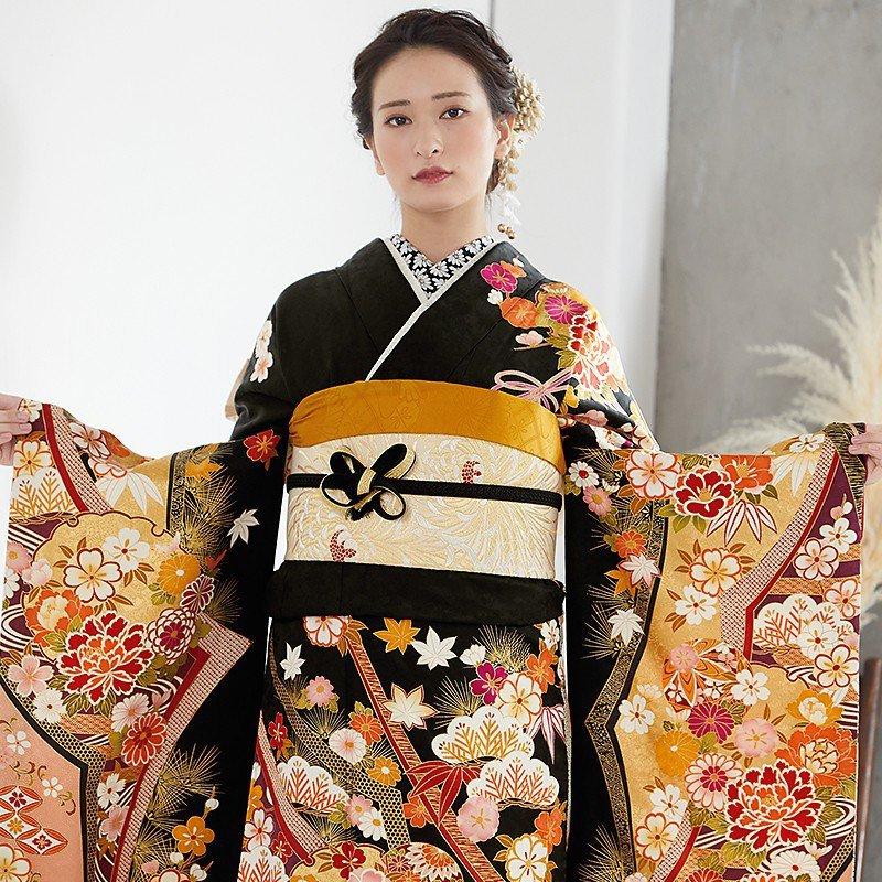 振袖 レンタル 成人式 結婚式 黒 熨斗豪華古典文様 (絹)12月〜1月利用
