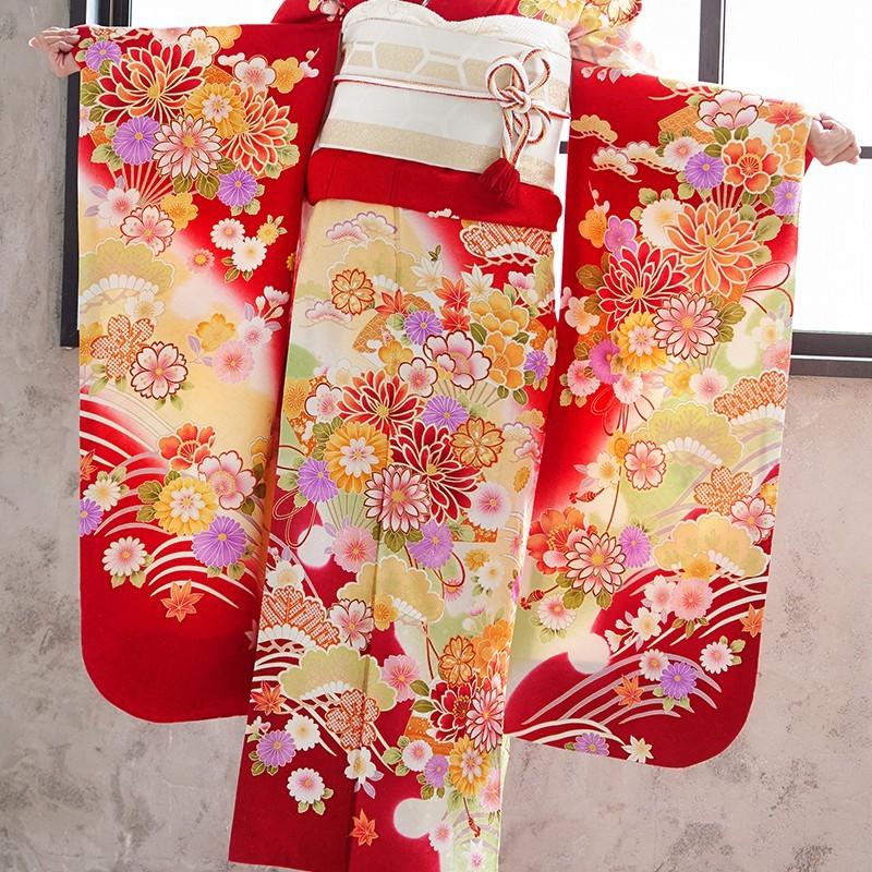 振袖 レンタル 成人式 結婚式 赤 ラメ 波に華麗花扇 (絹)12月〜1月利用