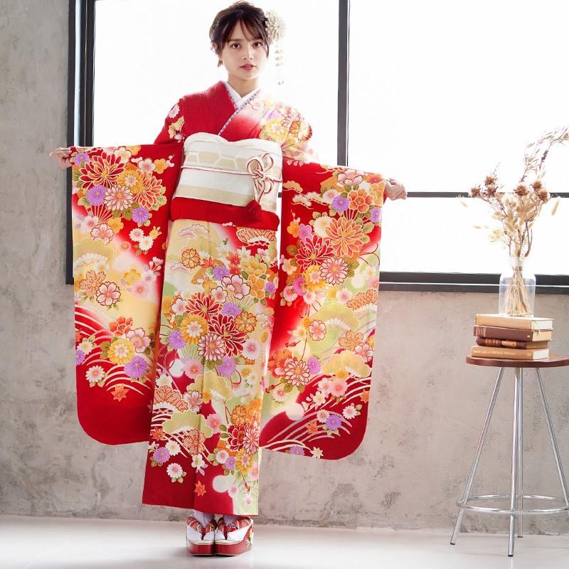 230000円琉球お仕立て品☆紅色新品振袖身丈160.5cm 振袖 レンタル フルセット 成人式 赤 レッド シンプル 柄少なめ