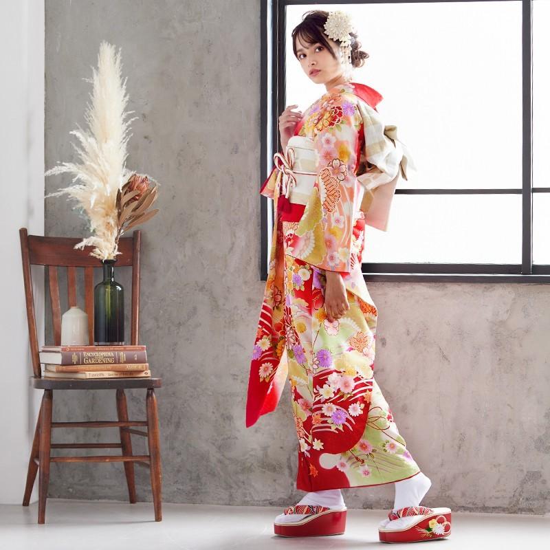 振袖 レンタル 成人式 結婚式 赤 ラメ 波に華麗花扇 (絹)12月〜1月利用