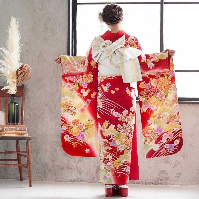 振袖 レンタル 成人式 結婚式 赤 ラメ 波に華麗花扇 (絹)12月〜1月利用