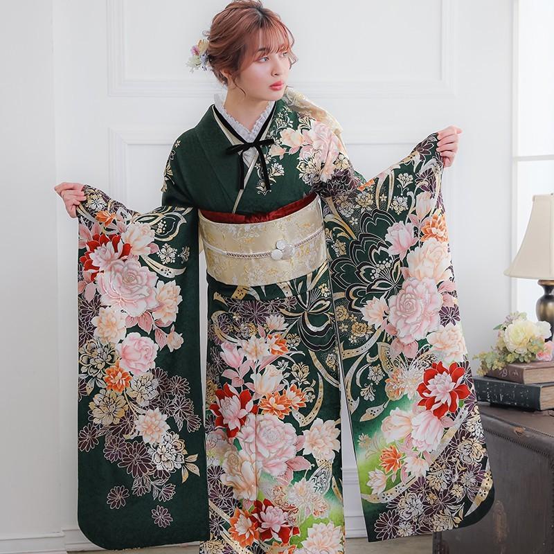 振袖 レンタル 成人式 結婚式 深緑 豪華金桜に薔薇(絹)12月〜1月 振袖 レンタル 成人式 結婚式 深緑 豪華金桜に薔薇(絹)12月〜1月