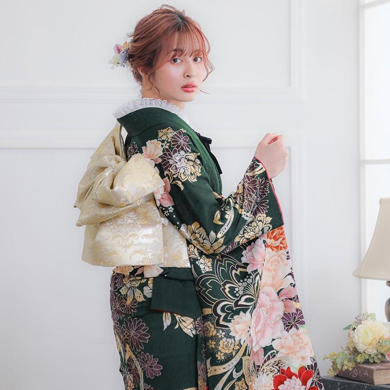 振袖 レンタル 成人式 結婚式 深緑 豪華金桜に薔薇(絹)12月〜1月 振袖 レンタル 成人式 結婚式 深緑 豪華金桜に薔薇(絹)12月〜1月