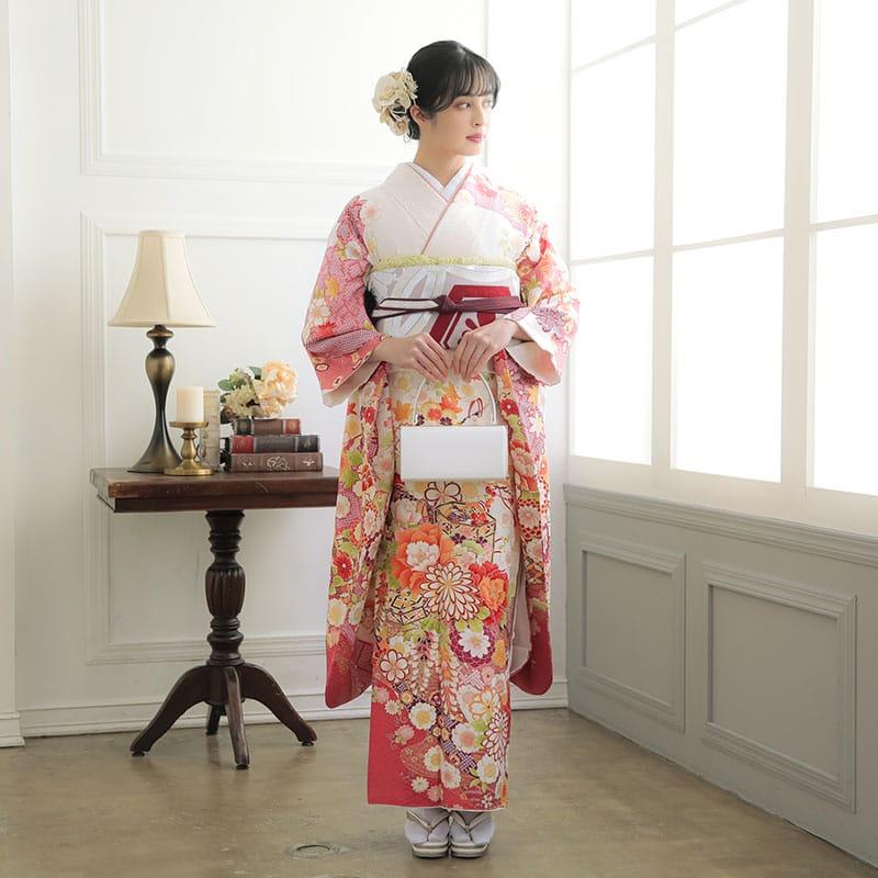 振袖 レンタル 成人式 結婚式 白 道長取に花貝桶(絹) 一点物12月〜1月