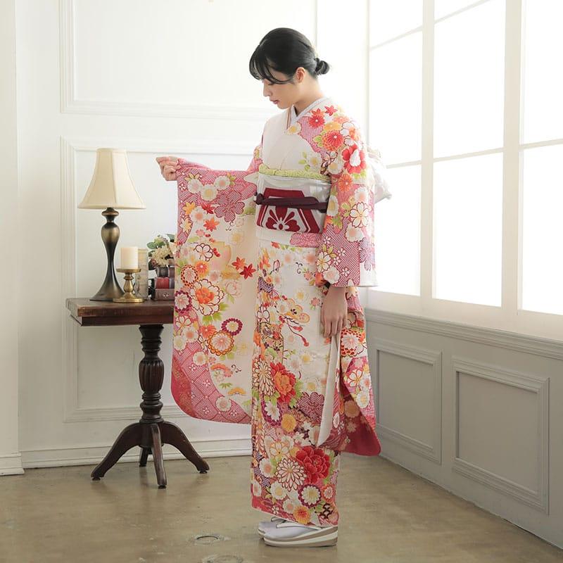 振袖 レンタル 成人式 結婚式 白 道長取に花貝桶(絹) 一点物12月〜1月