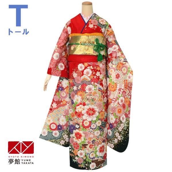 振袖 レンタル 成人式 結婚式 赤　花に扇(絹)(R2091)12月〜1月利用 対応身長165〜169cm RS1484