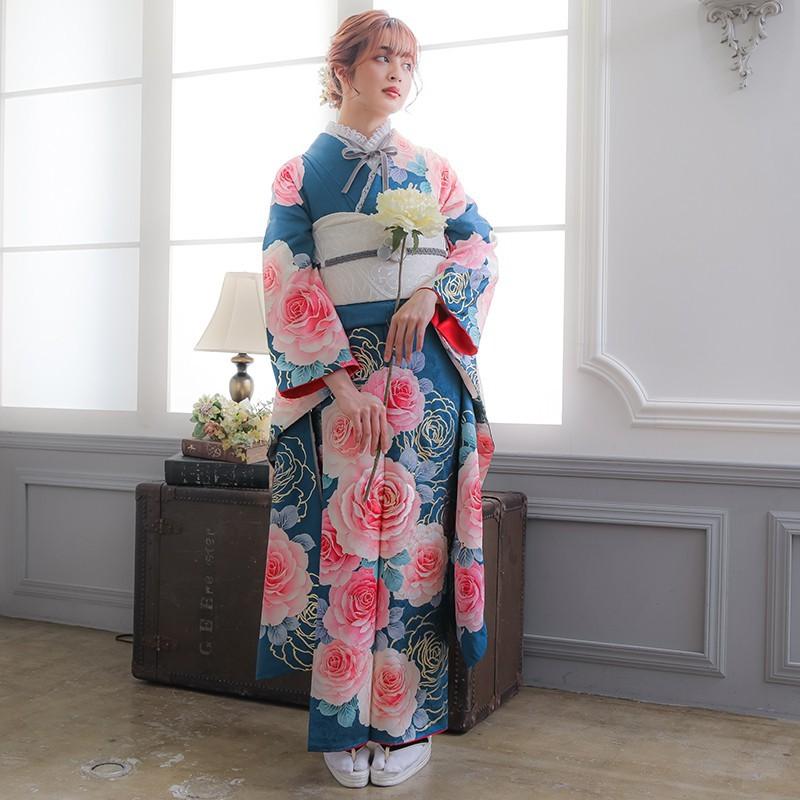 振袖 レンタル 成人式 結婚式 藍 大輪薔薇(絹) MIIA12月〜1月利用 対応 