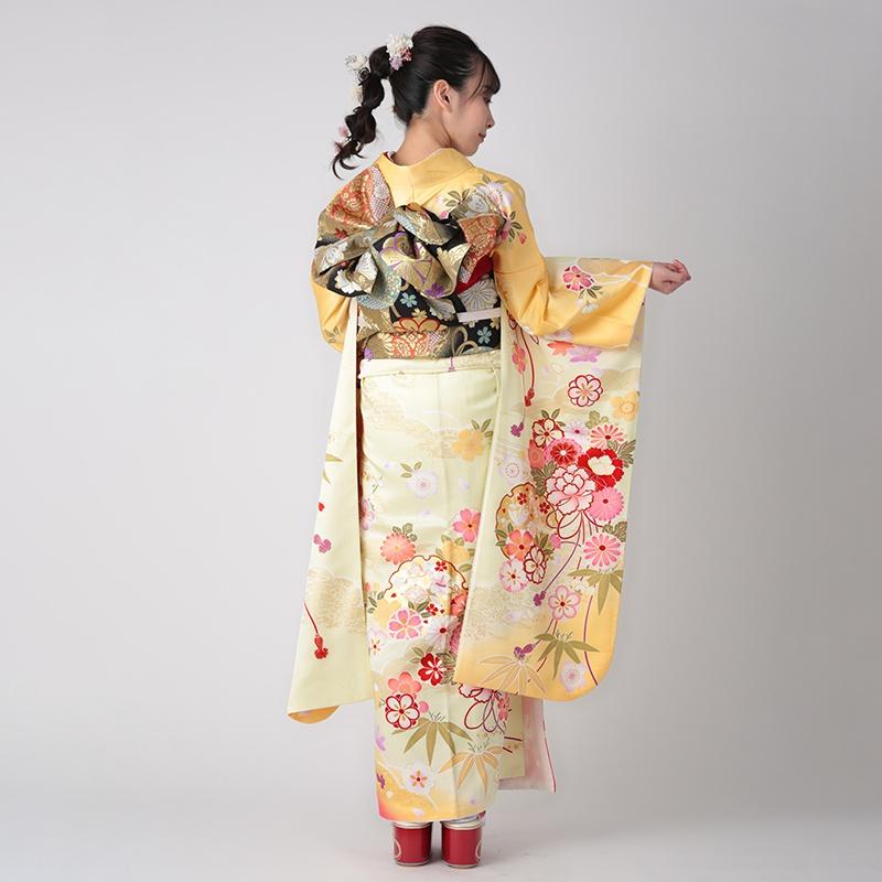 振袖 レンタル 成人式 結婚式 黄 吉祥菊牡丹に貝桶(絹)(R873)12月〜1月