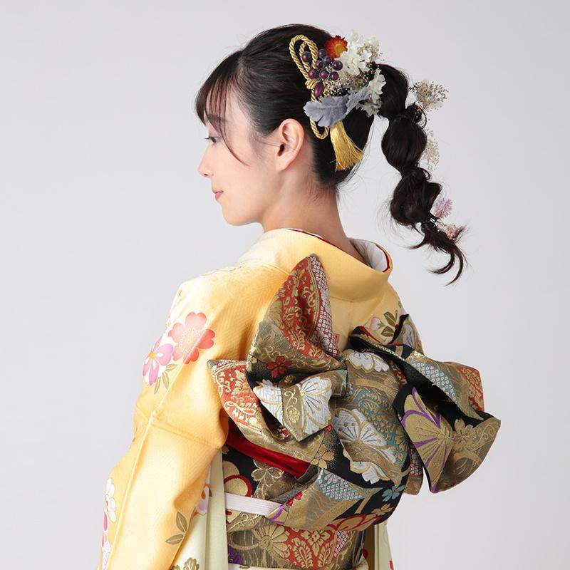振袖 レンタル 成人式 結婚式 黄 吉祥菊牡丹に貝桶(絹)(R873)12月〜1月