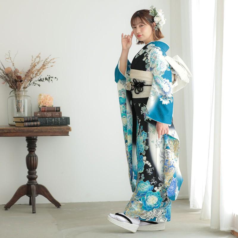 振袖 レンタル 成人式 結婚式 白×黒 青い花(絹) 一点物 12月 振袖 レンタル 成人式 結婚式 白×黒 青い花(絹) 一点物 12月