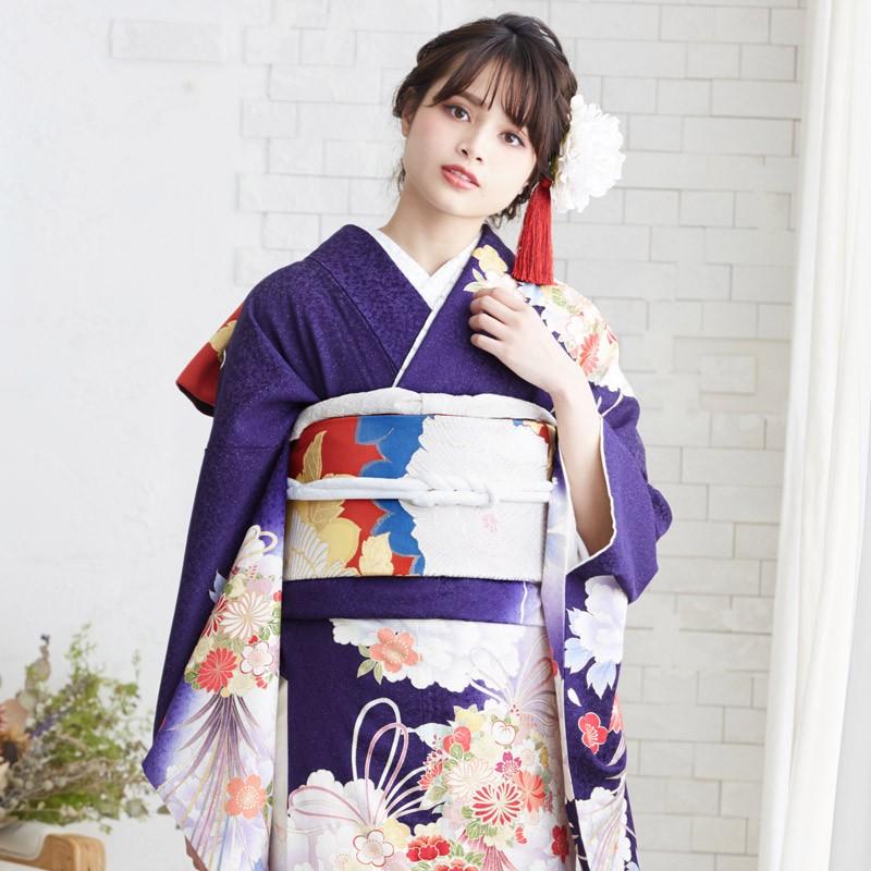 振袖 レンタル 成人式 結婚式 白×紫 牡丹に薬玉文様（絹）12月〜1月