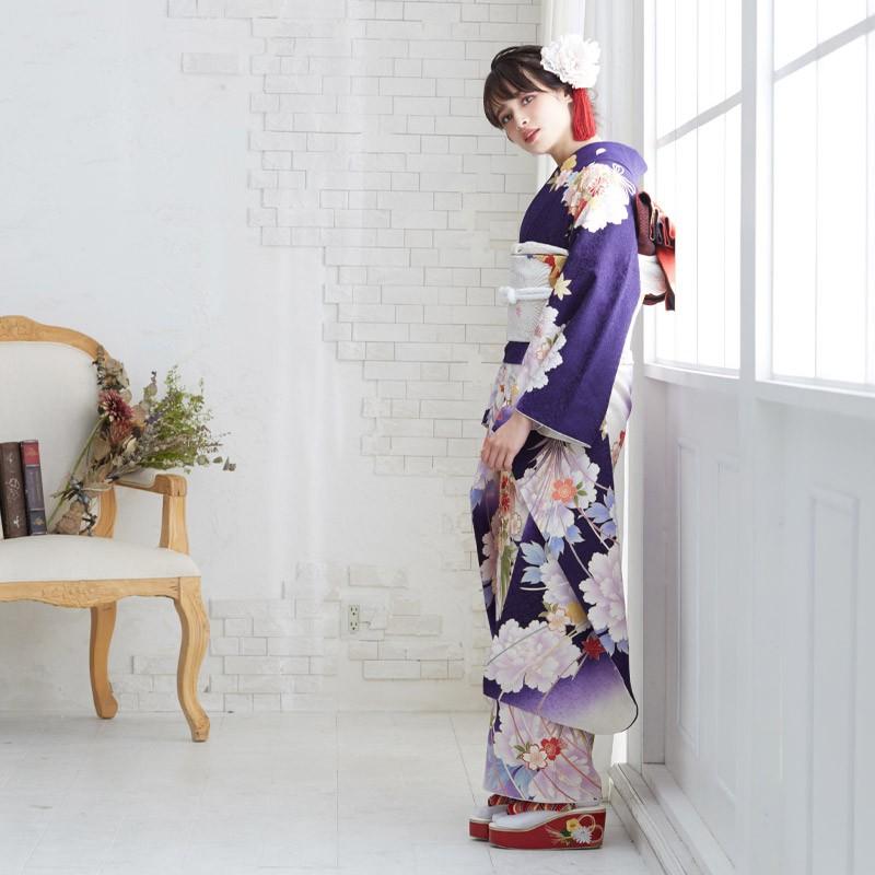 振袖 レンタル 成人式 結婚式 白×紫 牡丹に薬玉文様（絹）12月〜1月