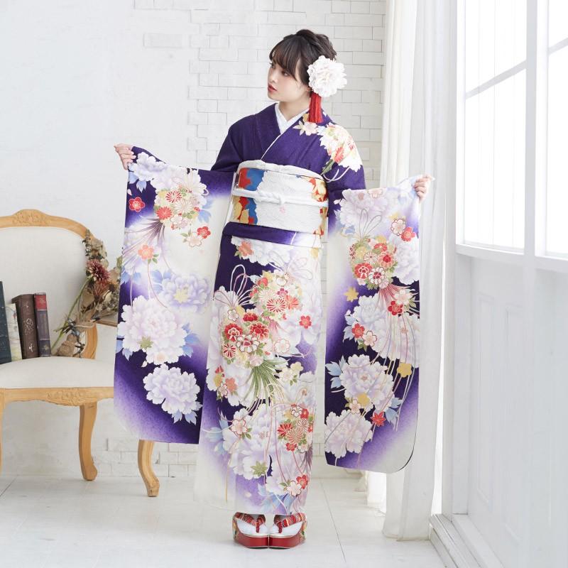 振袖 レンタル 成人式 結婚式 白×紫 牡丹に薬玉文様（絹）12月〜1月