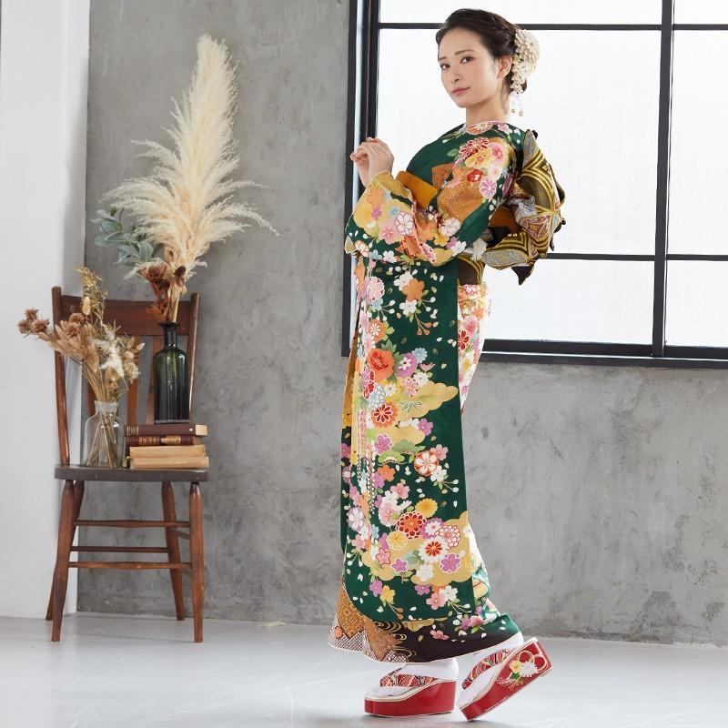定価97500円セール開催中！振袖 レンタル 成人式 結婚式 深緑 豪華古典熨斗