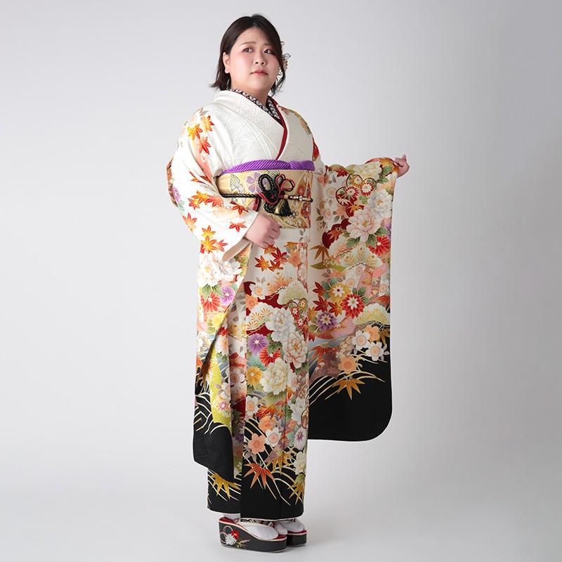 振袖 レンタル 成人式 結婚式 白 熨斗に牡丹紅葉(絹)(w) 一点物12月〜1