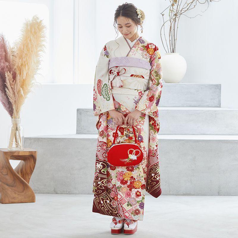 【最終値下げ】 振袖 レンタル 成人式 結婚式 白 流水に菊牡丹貝桶(絹) 一点物12月〜1月利用 対応身長154〜165cm RS1540 【F1153591661】(42120円)