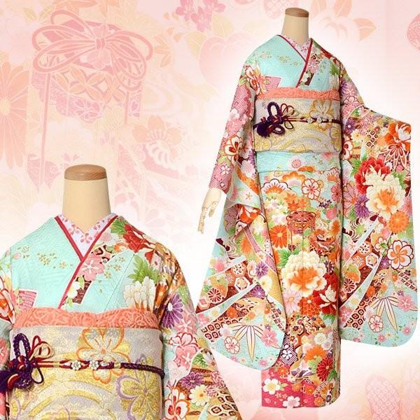 正規品 振袖 レンタル 成人式 結婚式 水色　熨斗貝桶に花(絹) 一点物12月〜1月利用 対応身長165〜169cm RS1549 【EIM1360645883】(49680円)