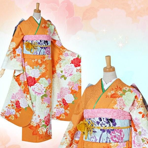 振袖 レンタル 成人式 結婚式 オレンジ 薔薇(絹) 一点物12月〜1月利用 