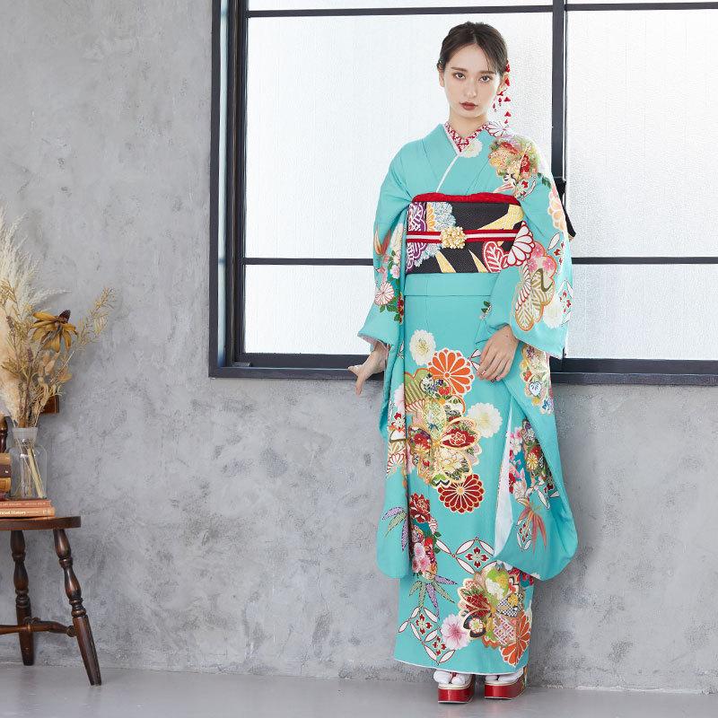 振袖 レンタル 成人式 結婚式 ミントブルー 松笹に桜と菊(絹)12月〜1月