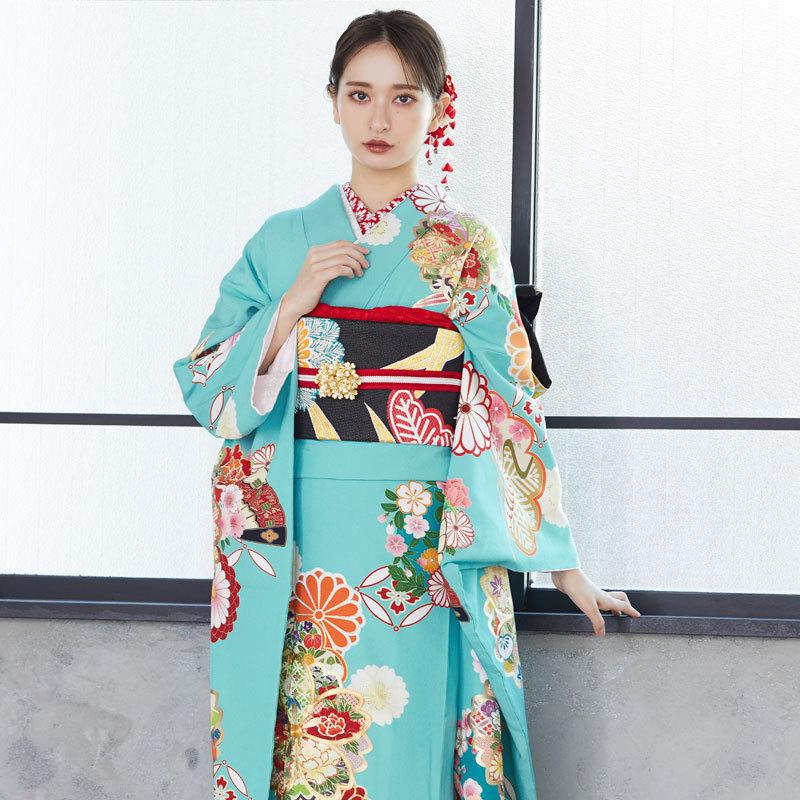 振袖 レンタル 成人式 結婚式 ミントブルー 松笹に桜と菊(絹)12月〜1月