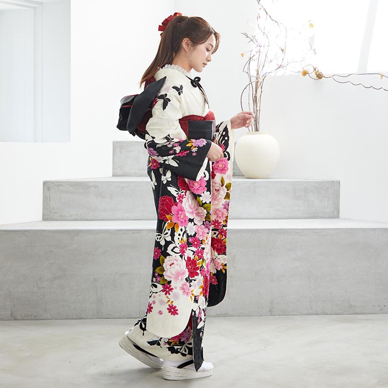 振袖 レンタル 成人式 結婚式 黒白 花と蝶(絹) 一点物12月〜1月利用