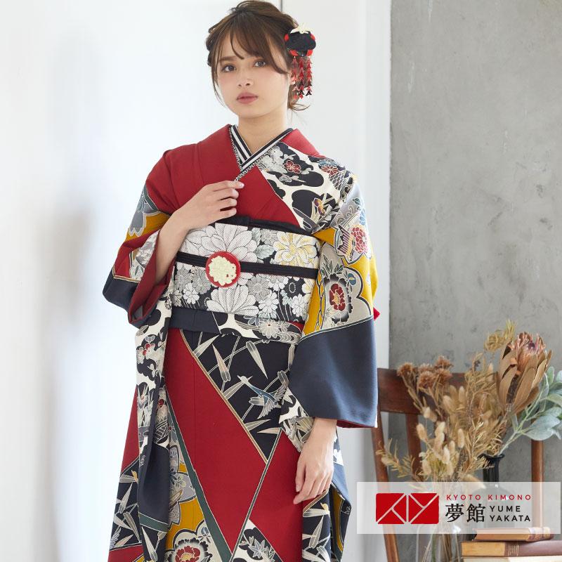 振袖 レンタル 成人式 結婚式 墨色×赤 斜取り 花鳥風景柄(絹 振袖 レンタル 成人式 結婚式 墨色×赤 斜取り 花鳥風景柄(絹