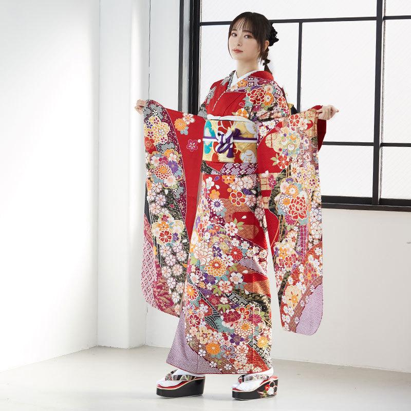 【通常品】 振袖 レンタル 成人式 結婚式 赤 花尽くし（絹） 一点物12月〜1月利用 対応身長154〜165cm RS1701 【DG1508541510】(55080円)