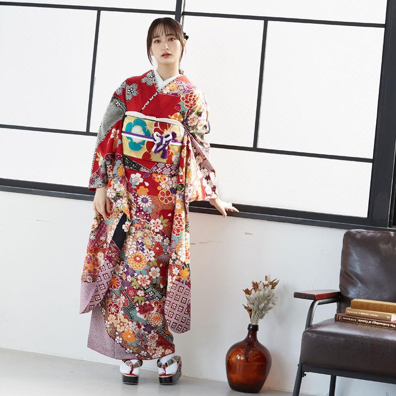 【通常品】 振袖 レンタル 成人式 結婚式 赤 花尽くし（絹） 一点物12月〜1月利用 対応身長154〜165cm RS1701 【DG1508541510】(55080円)