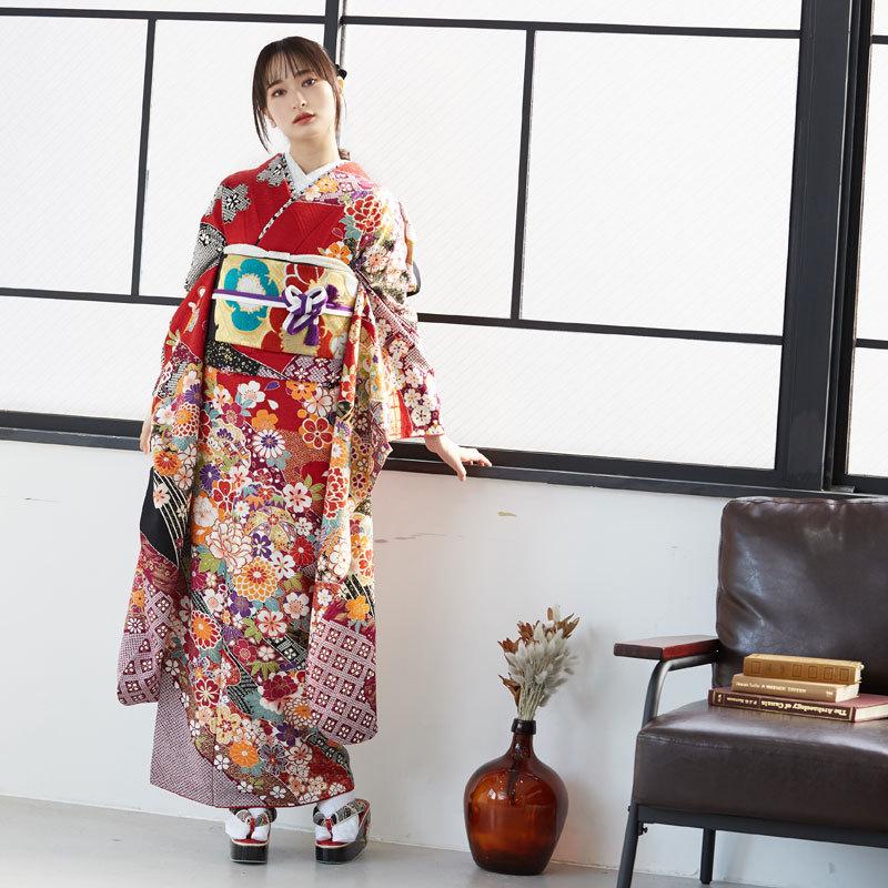 【通常品】 振袖 レンタル 成人式 結婚式 赤 花尽くし（絹） 一点物12月〜1月利用 対応身長154〜165cm RS1701 【DG1508541510】(55080円)