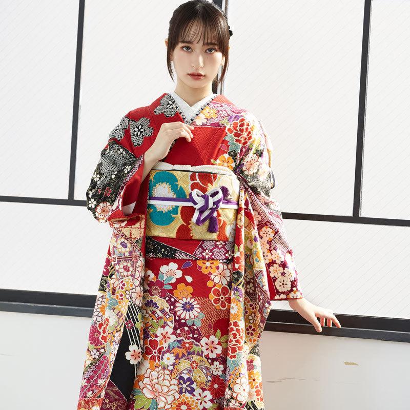 【通常品】 振袖 レンタル 成人式 結婚式 赤 花尽くし（絹） 一点物12月〜1月利用 対応身長154〜165cm RS1701 【DG1508541510】(55080円)
