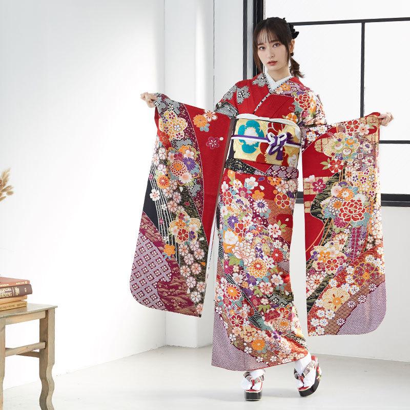 【通常品】 振袖 レンタル 成人式 結婚式 赤 花尽くし（絹） 一点物12月〜1月利用 対応身長154〜165cm RS1701 【DG1508541510】(55080円)