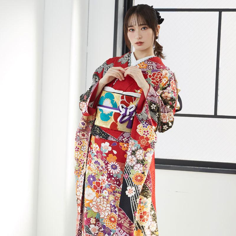 【通常品】 振袖 レンタル 成人式 結婚式 赤 花尽くし（絹） 一点物12月〜1月利用 対応身長154〜165cm RS1701 【DG1508541510】(55080円)