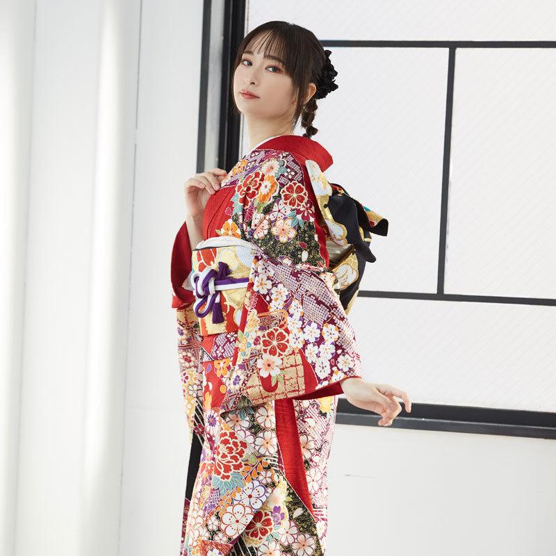 【通常品】 振袖 レンタル 成人式 結婚式 赤 花尽くし（絹） 一点物12月〜1月利用 対応身長154〜165cm RS1701 【DG1508541510】(55080円)