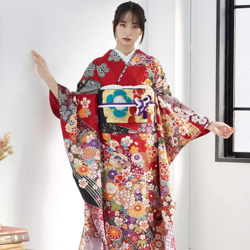 【通常品】 振袖 レンタル 成人式 結婚式 赤 花尽くし（絹） 一点物12月〜1月利用 対応身長154〜165cm RS1701 【DG1508541510】(55080円)