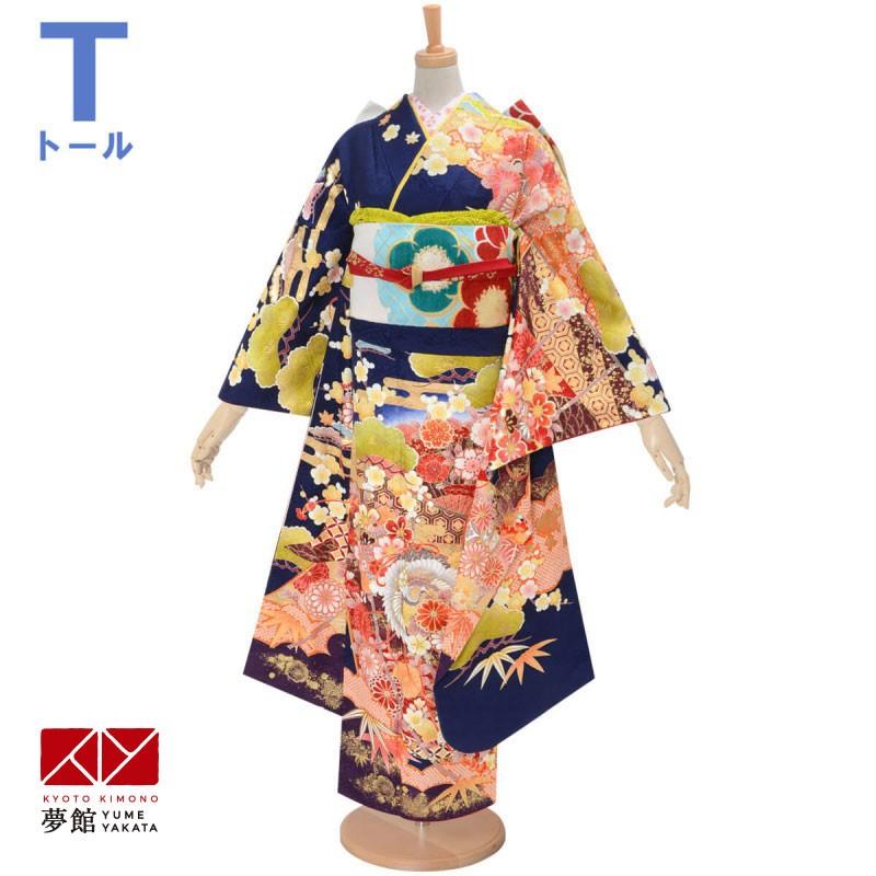 振袖 レンタル 成人式 結婚式 濃紺　雲取り花と鶴薬玉(絹) 一点物12月〜1月利用 対応身長165〜169cm RS1715