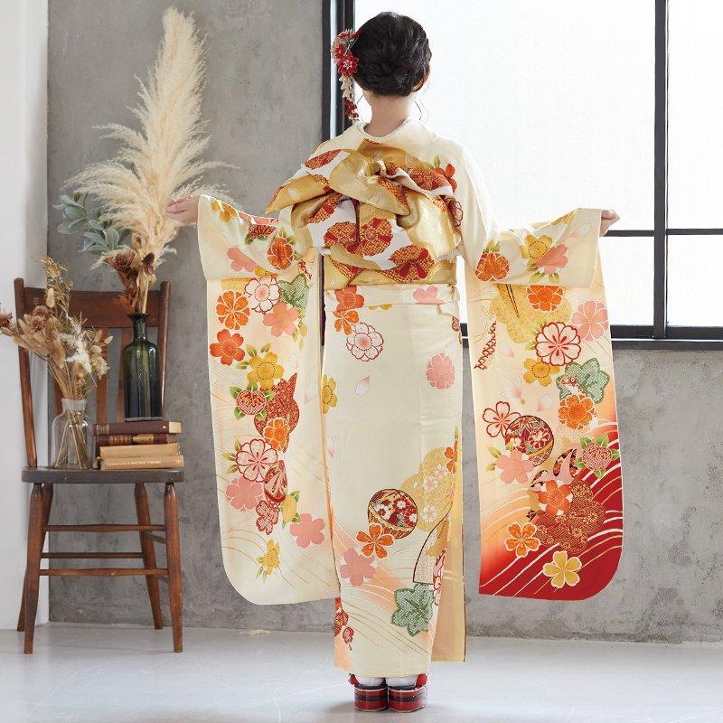 振袖 レンタル 成人式 結婚式 薄黄色 波に扇面鞠と花(絹)12月 振袖 レンタル 成人式 結婚式 薄黄色 波に扇面鞠と花(絹)12月