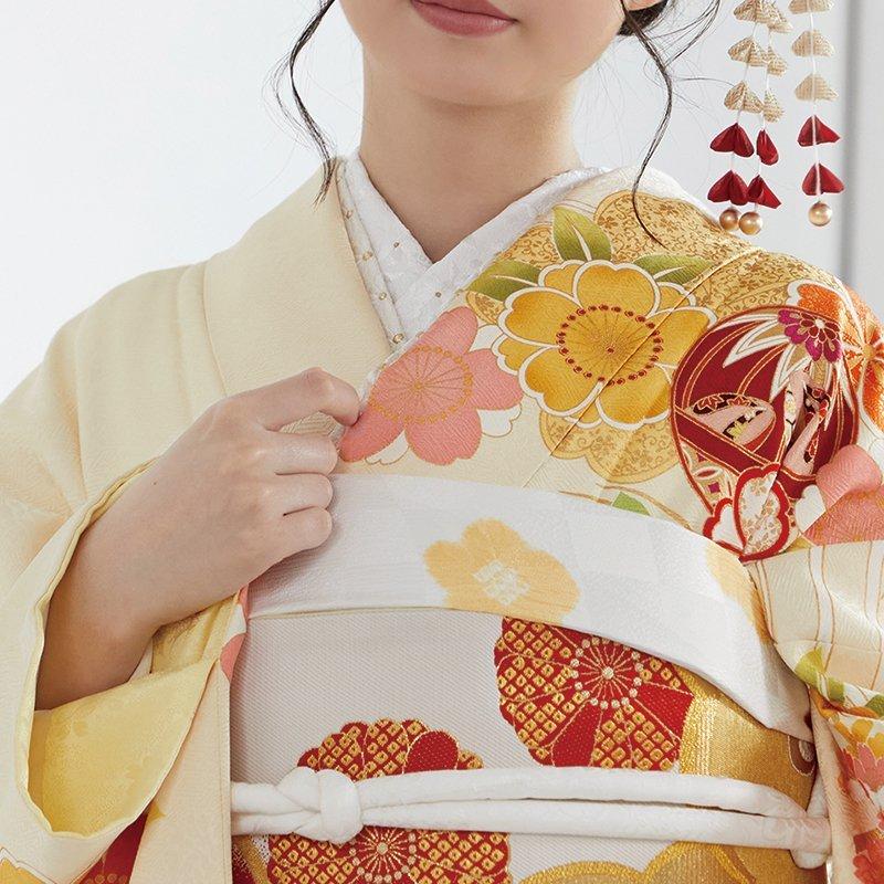 振袖 レンタル 成人式 結婚式 薄黄色 波に扇面鞠と花(絹)12月 振袖 レンタル 成人式 結婚式 薄黄色 波に扇面鞠と花(絹)12月