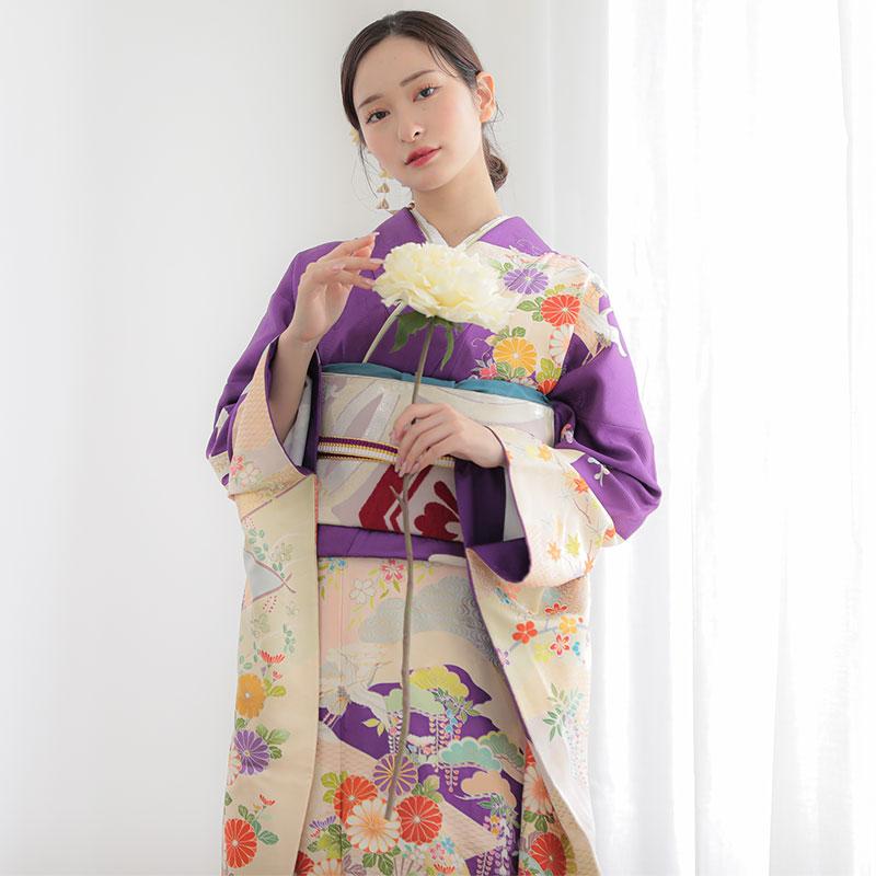 ブランド登録なし 振袖 レンタル 成人式 結婚式 紫 花に飛鶴と扇（絹 