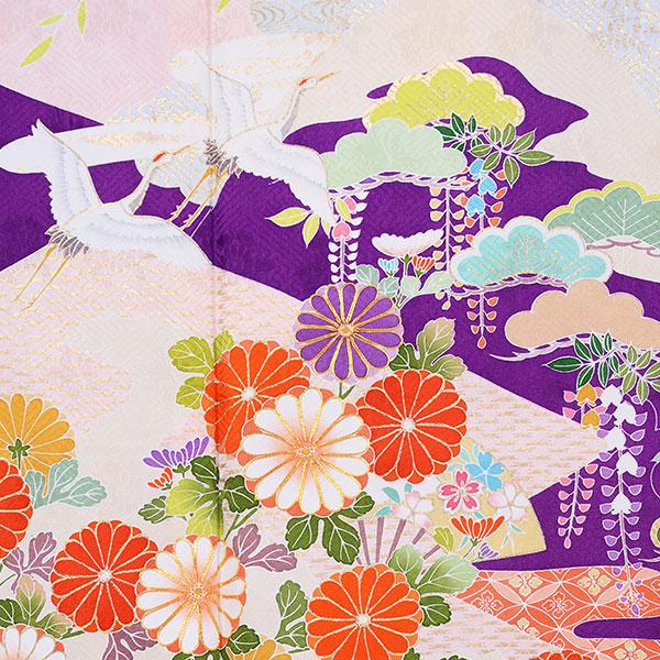振袖 レンタル 成人式 結婚式 紫 花に飛鶴と扇（絹） 一点物12月〜1月
