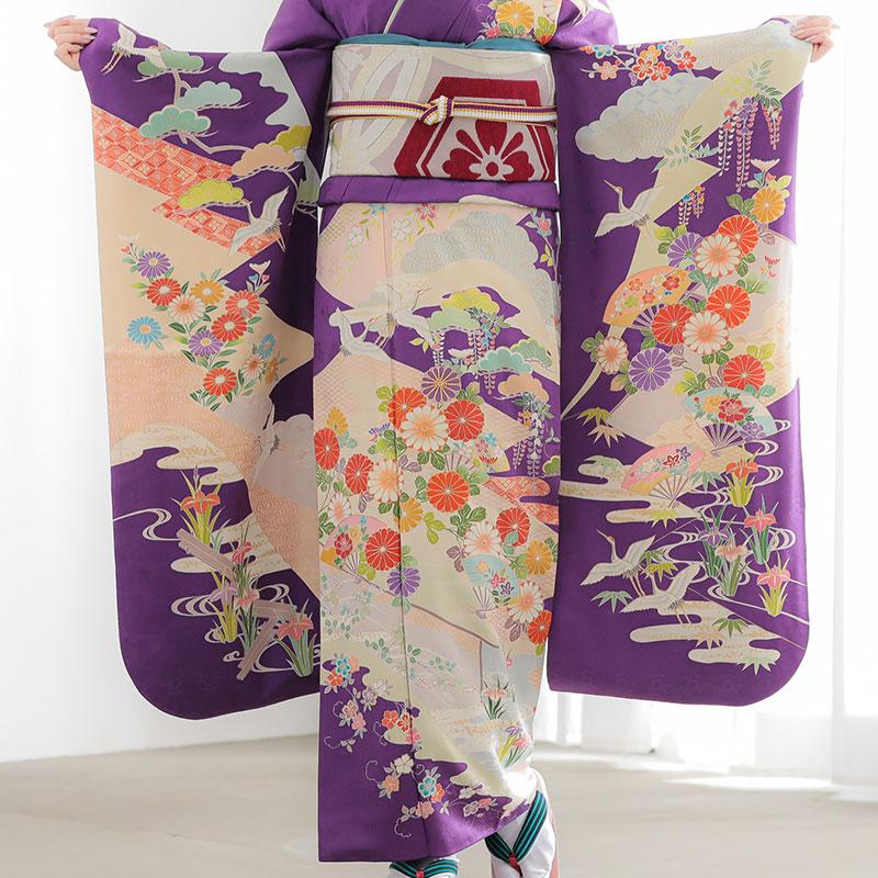 【結婚式❁成人式】紫　藤の花✿振り袖 （身長164cm） 振袖 レンタル 成人式 結婚式 紫 花に飛鶴と扇（絹） 一点物12月〜1月
