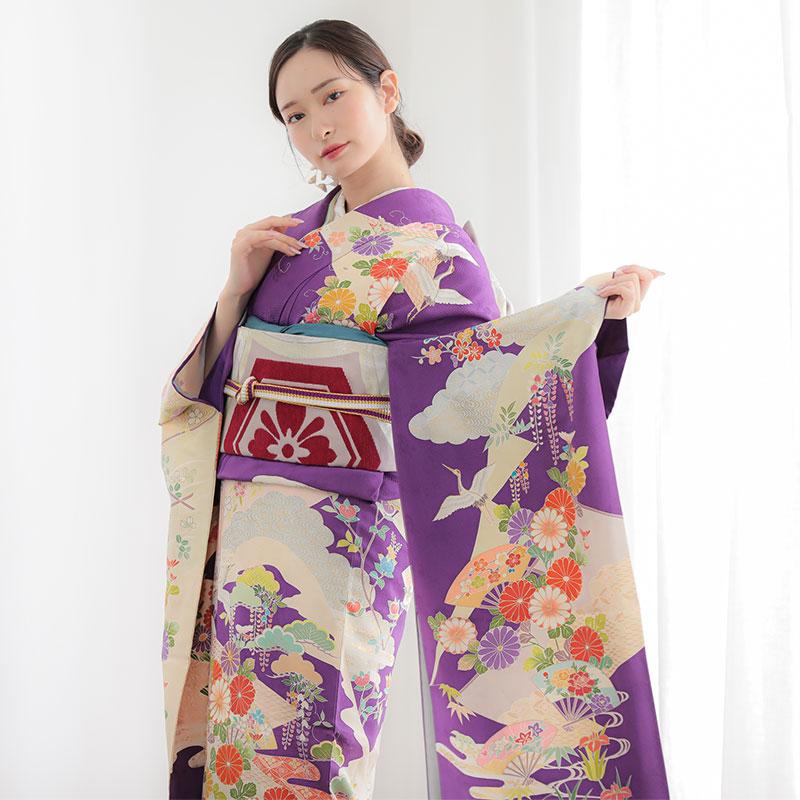 振袖 レンタル 成人式 結婚式 紫 花に飛鶴と扇（絹） 一点物12月〜1月