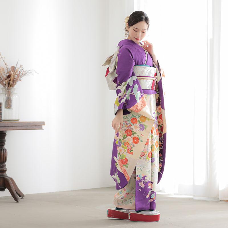 振袖 レンタル 成人式 結婚式 紫 花に飛鶴と扇（絹） 一点物12月〜1月
