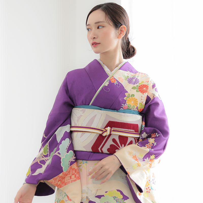 振袖 レンタル 成人式 結婚式 紫 花に飛鶴と扇（絹） 一点物12月〜1月