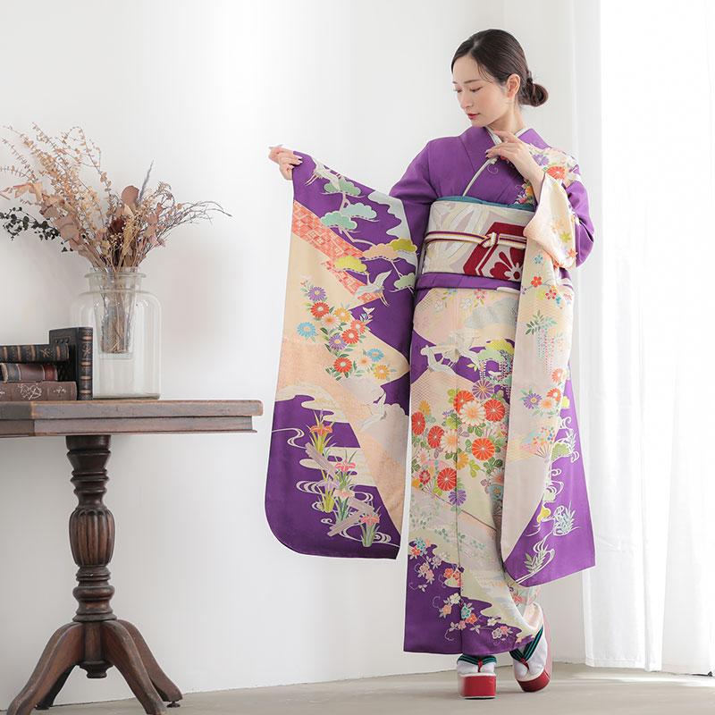 振袖 レンタル 成人式 結婚式 紫 花に飛鶴と扇（絹） 一点物12月〜1月