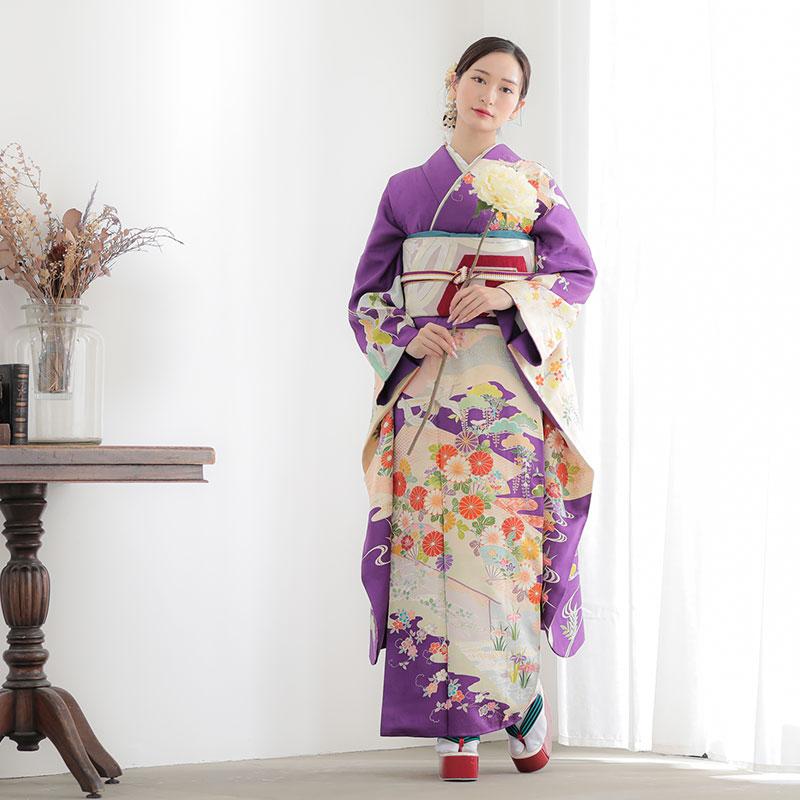 振袖 レンタル 成人式 結婚式 紫 花に飛鶴と扇（絹） 一点物12月〜1月