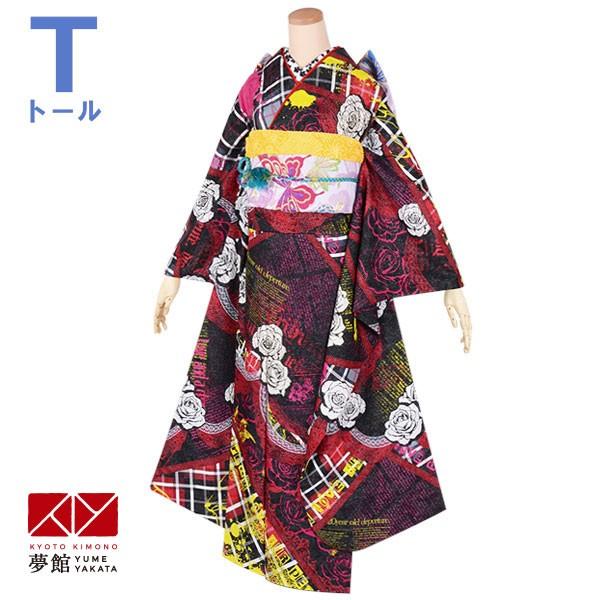 振袖 レンタル 成人式 結婚式 赤×黒　チェツク柄に薔薇とレース(絹)12月〜1月利用 対応身長165〜169cm RS1748