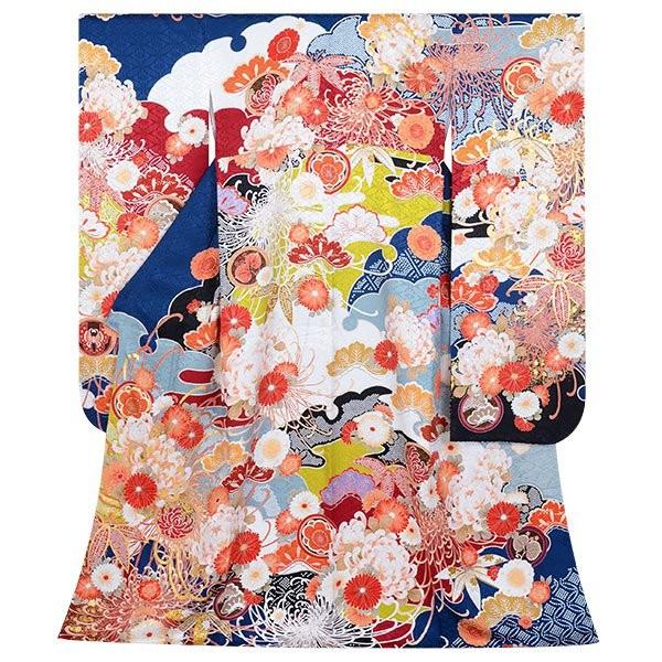 振袖 レンタル 成人式 結婚式 訳あり商品 安い 青 雪輪に糸菊（絹）(R1847)12月〜1月利用 対応身長154〜165cm RS1753の画像