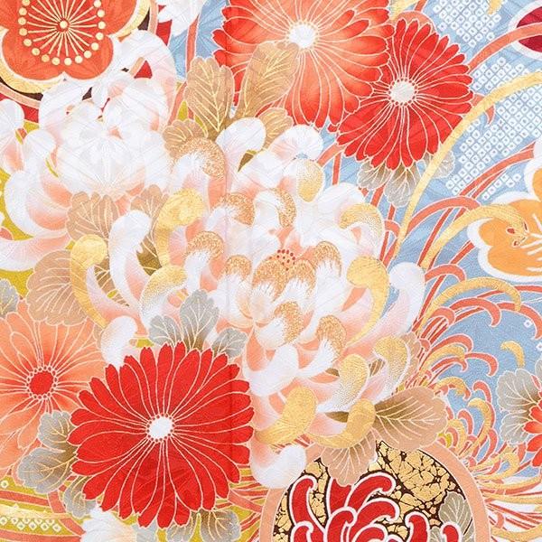 振袖 レンタル 成人式 結婚式 訳あり商品 安い 青 雪輪に糸菊（絹）(R1847)12月〜1月利用 対応身長154〜165cm RS1753の画像