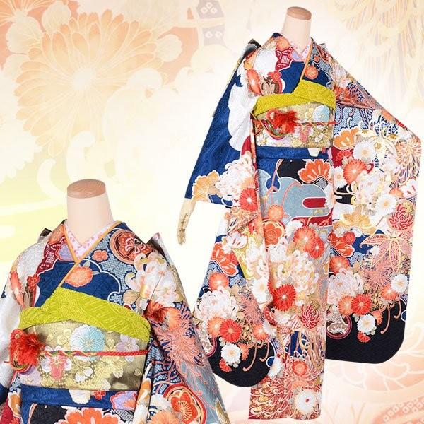 振袖 レンタル 成人式 結婚式 訳あり商品 安い 青 雪輪に糸菊（絹）(R1847)12月〜1月利用 対応身長154〜165cm RS1753の画像