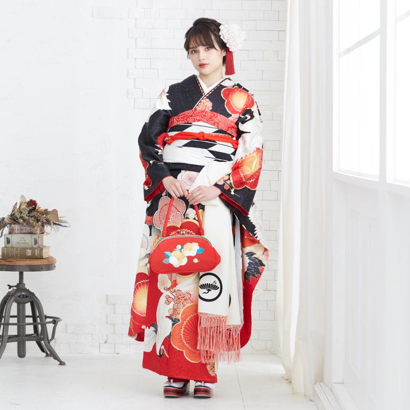 振袖 レンタル 成人式 結婚式 黒 梅に鶴(絹)(R1921)12月〜1月利用 対応